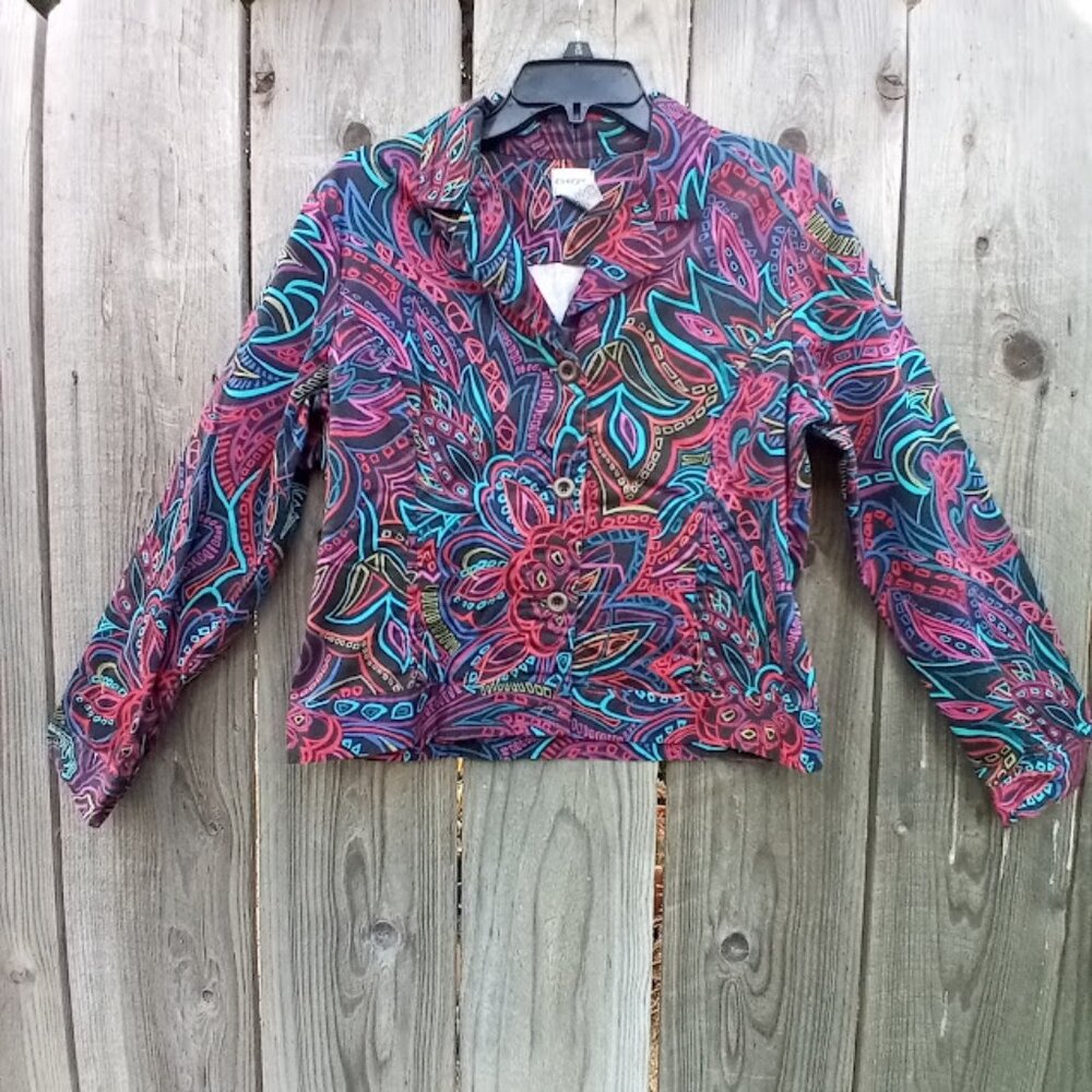Chico's Colored Paisley Abstract Print Button Shirt Jacket Women 2(l-12) Button